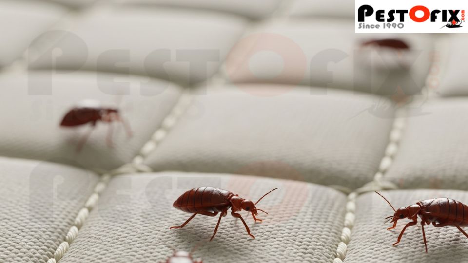 Multiple bed bugs crawling on the surface of a light-colored mattress
