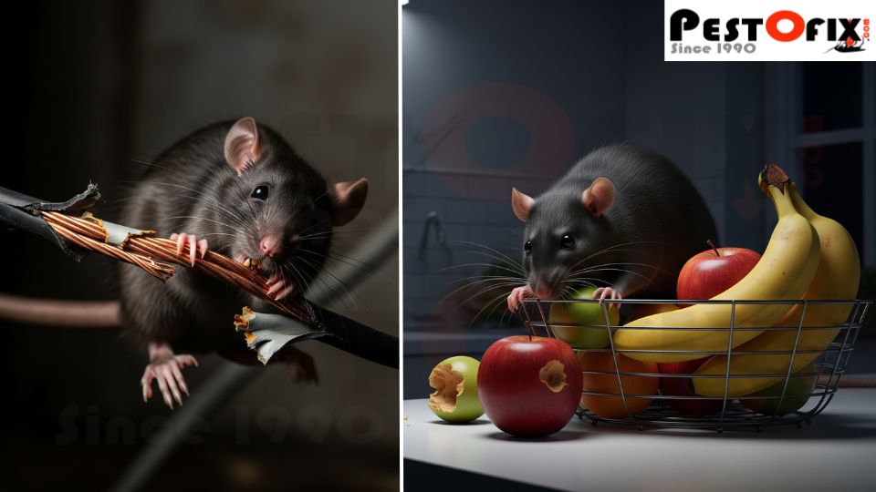 Black rat chewing fruit near damaged electrical wire in a clean kitchen