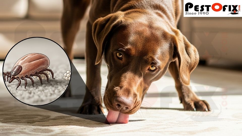 Illustration of a female tick laying eggs on carpet or pet bedding and dog licking the carpet