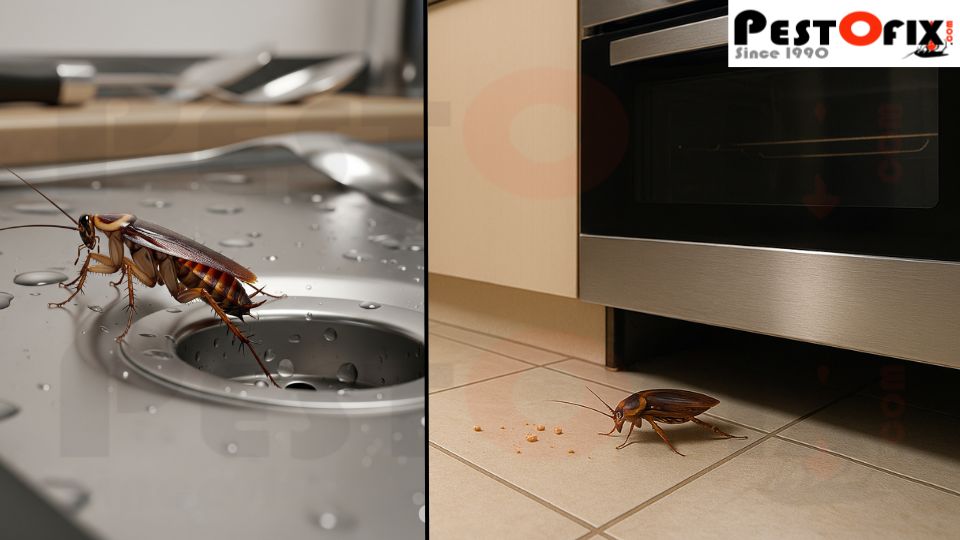 German cockroach hiding under kitchen stove near crumbs and grease in a clean modern kitchen
