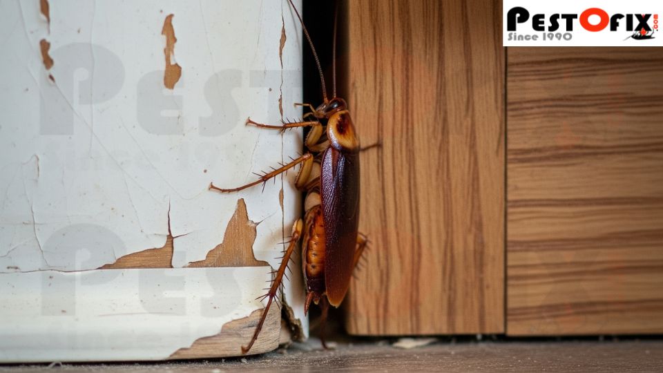 German cockroach squeezing through a tiny gap near kitchen cabinets and cardboard boxes