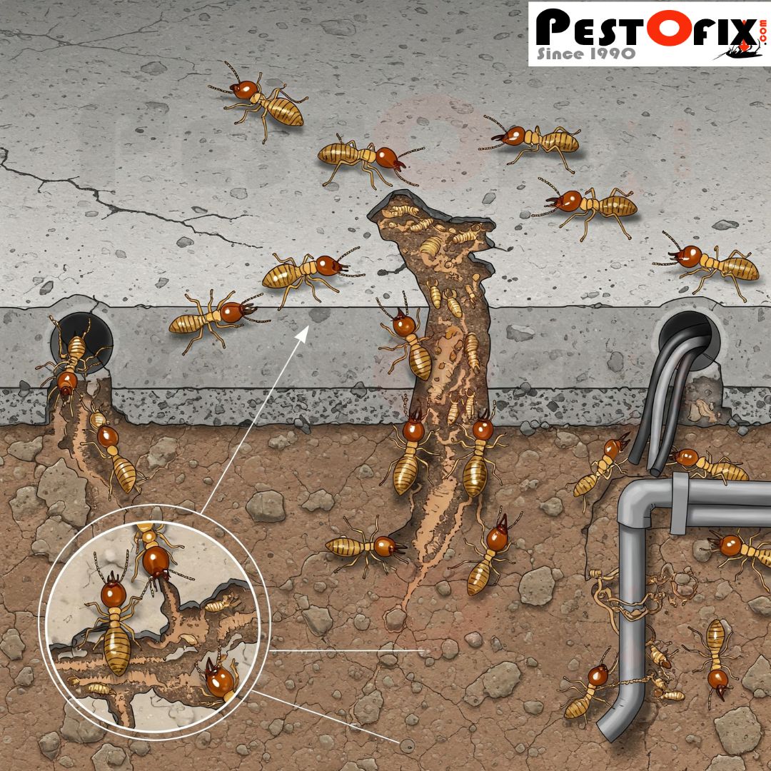 Illustration showing termites traveling through hairline cracks, construction joints, and utility penetrations in concrete environments