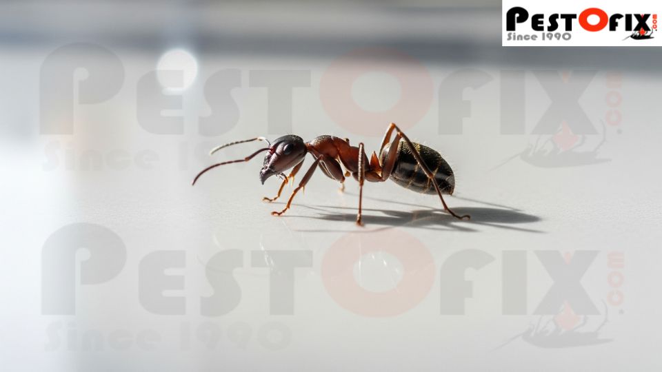 Close-up of a single ant on a clean kitchen countertop