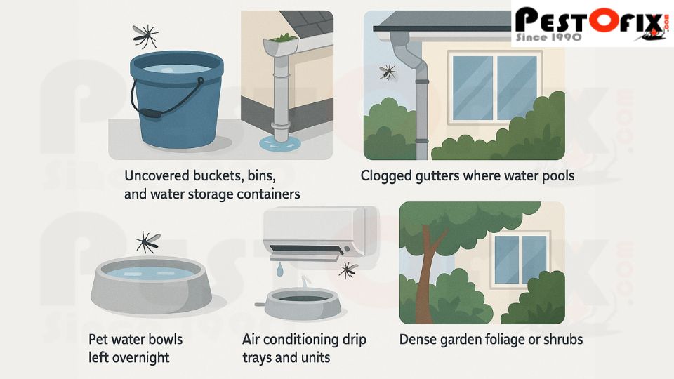 Common mosquito hiding and breeding spots around a clean home, including flower pots with water, uncovered buckets, clogged gutters, moist bathroom drains, pet water bowls, air conditioning drip trays, and dense garden foliage