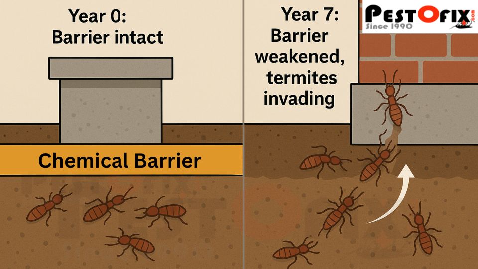 Cross-section illustration showing pre-construction termite treatment barrier initially blocking termites and later deteriorating allowing termites to invade the building