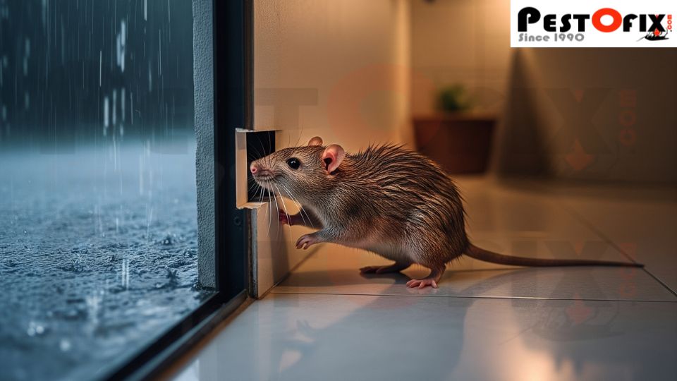 A wet rat squeezing through a small gap under a bathroom door to enter a dry home during heavy rain