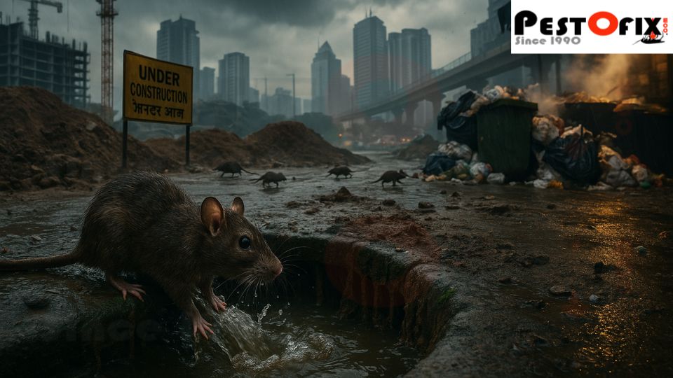 Norway rat emerging from sewer drain in Gurgaon industrial area during monsoon