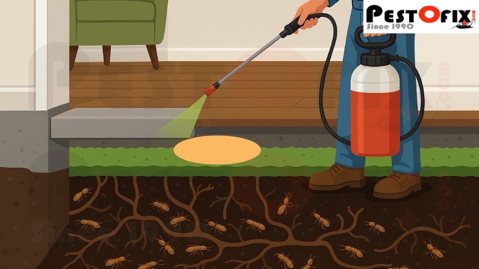 A chemical barrier applied through soil injection to block termites beneath a home