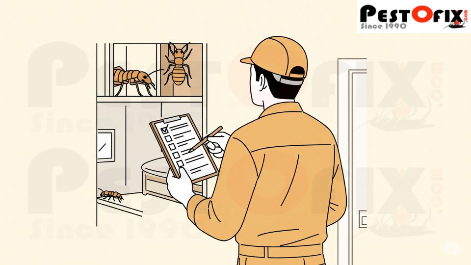 Professional inspecting termite activity in wooden structure