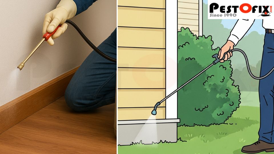 Man spraying termite treatment inside along wall skirting and outside near foundation