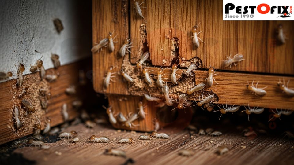 Termites entering a wooden almirah from wall and floor cracks