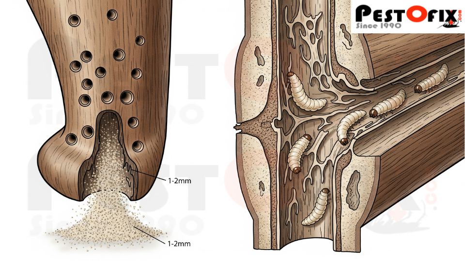 Simple cross-section illustration of a wooden furniture leg showing surface powder and small holes on the outside, with hidden larvae tunneling inside the wood