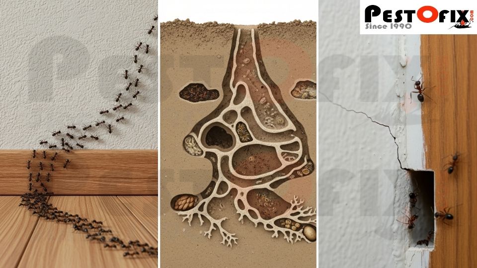 Diagram of ant infestation causes, trails and entry points in a kitchen