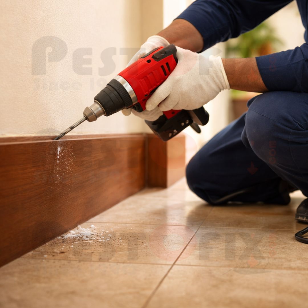 Post-construction termite treatment by drilling and injection