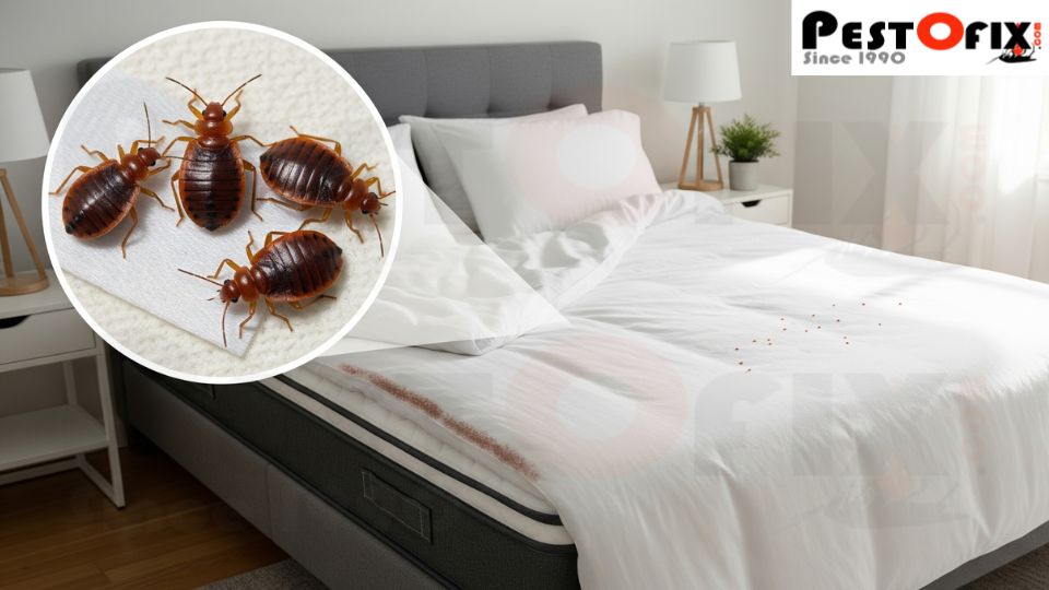 Signs of a bed bug infestation in a bedroom