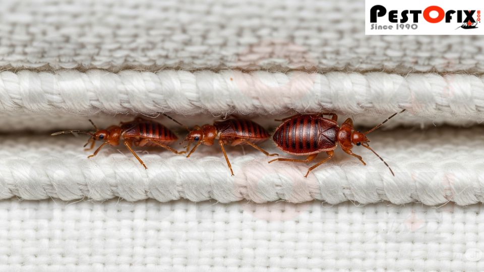 Bed bugs hiding in a mattress seam — Pestofix crevice treatment