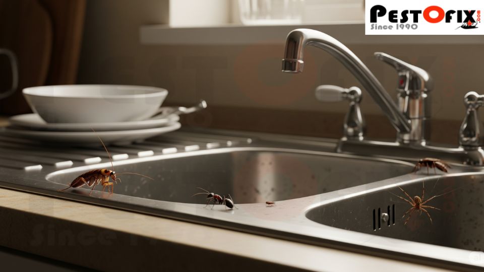 Clean modern kitchen with a cockroach and ants — hidden pest threats in homes