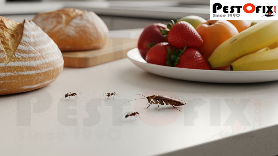 Uncovered bread and fruits on a kitchen counter with ants and a cockroach — food contamination risk in homes