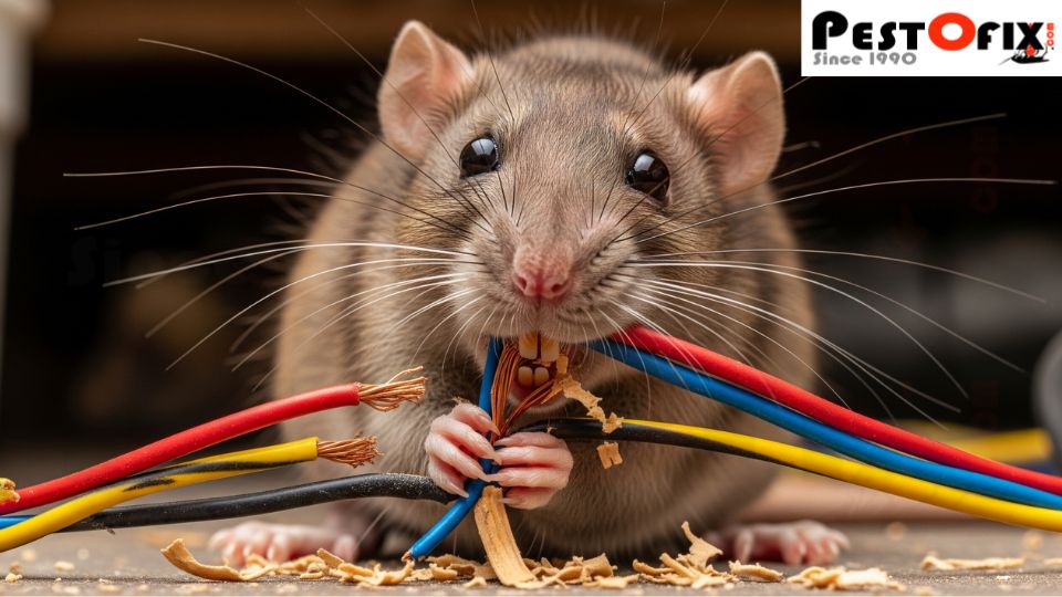 Rat chewing through electrical wires under a kitchen cabinet — a hidden fire hazard
