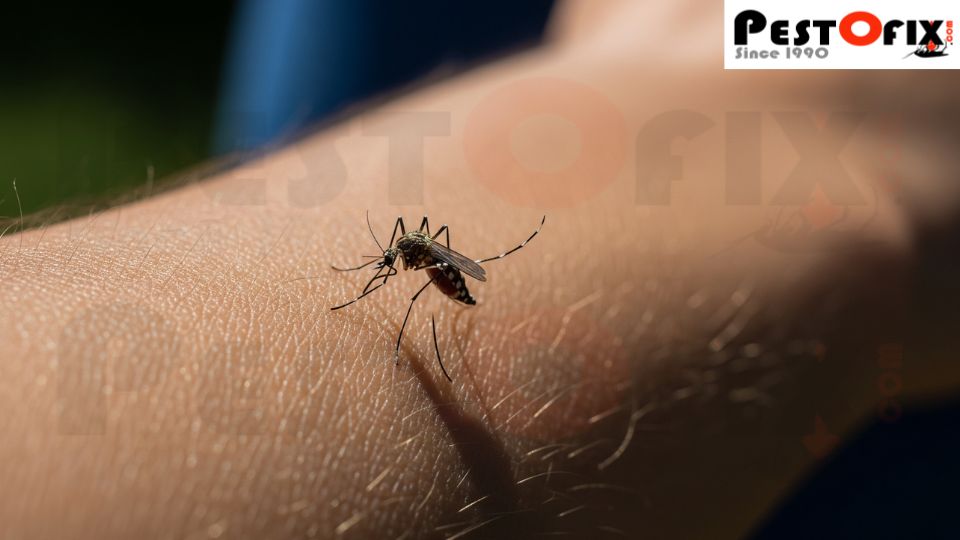 Mosquito biting a human forearm and spreading disease
