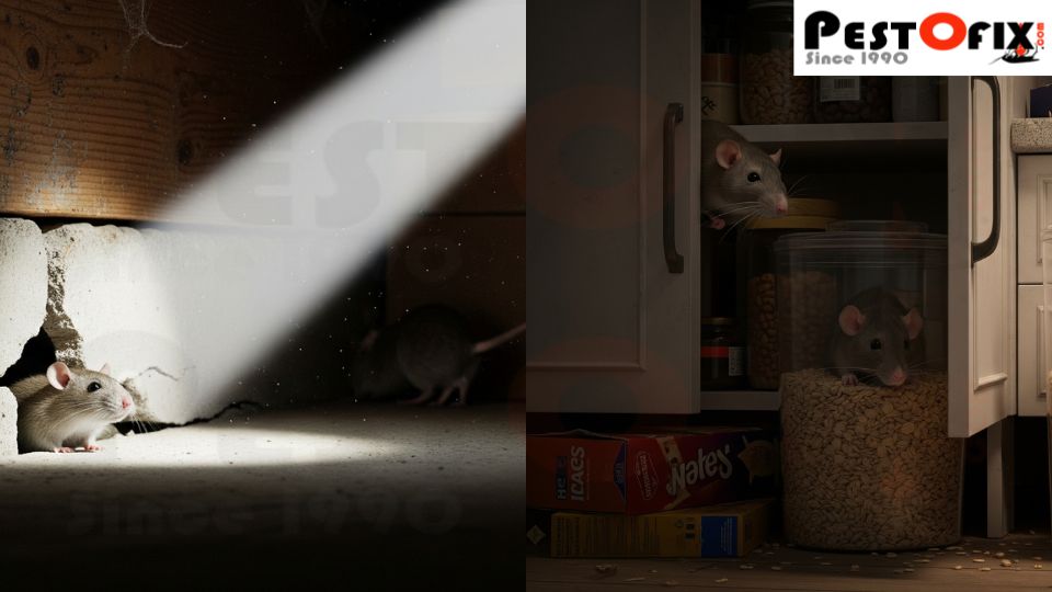Pestofix technician inspecting a home for rats and mice with a torch