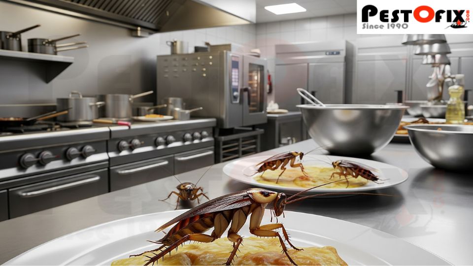Cockroaches contaminating food on a commercial restaurant kitchen counter
